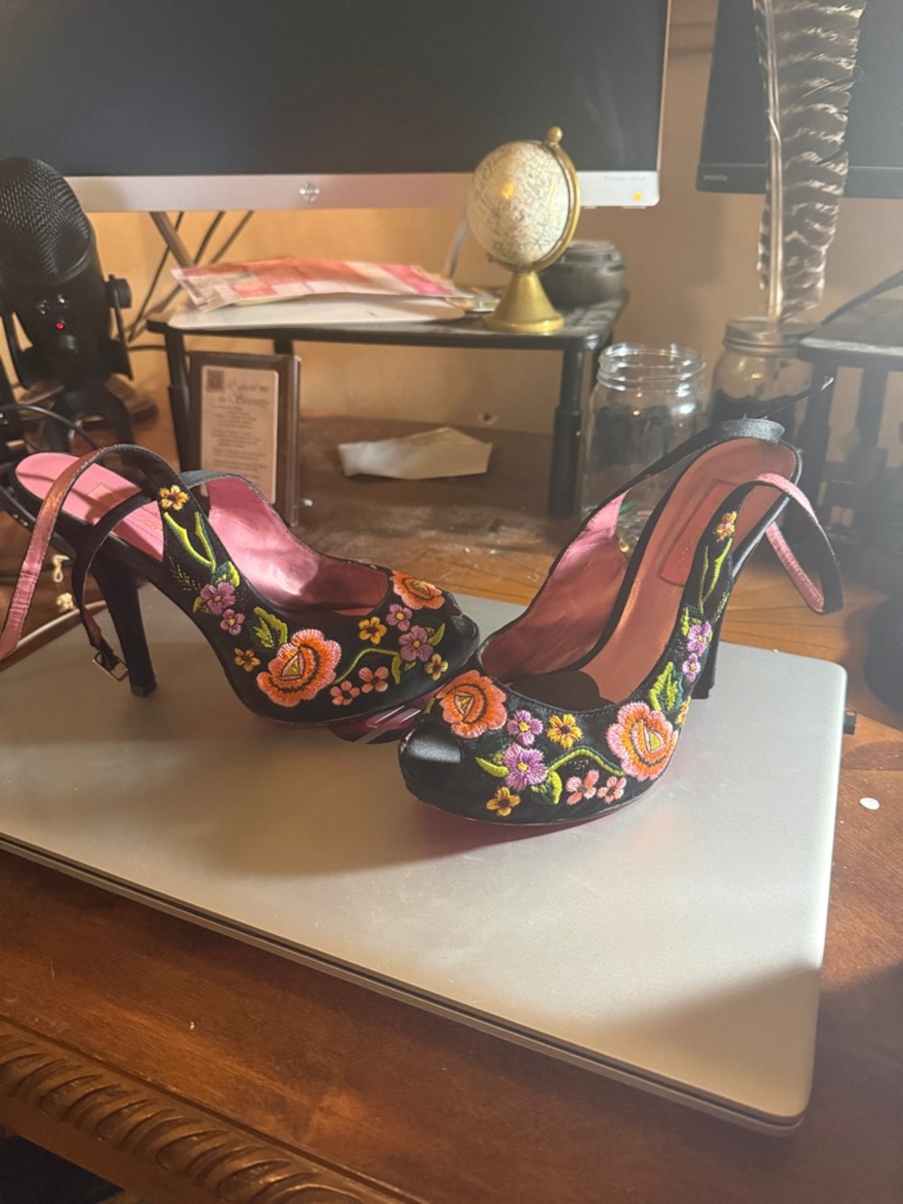 Betsey Johnson Black Embroidered Floral Peep-Toe Heels with Pink Lining